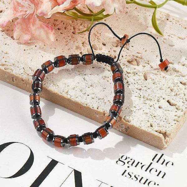 Adjustable Natural Carnelian and Non-magnetic Synthetic Hematite Braided Bead Bracelets