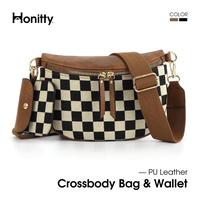 Women's Checked Pattern Crossbody Bag& Compact Coin Purse, Fashionable PU LeatherBag Set, Casual Trendy Versatile High-qualit...