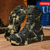 Men's high top camouflage hiking boots, outdoor climbing work boots with zipper closure, nylon fabric, rubber sole, non-slip ...