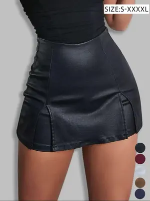 Women's Split Hem High Waist Skinny PU Shorts, Stretchy Zip Back Faux Leather Skort for Holiday Club Daily Wear, Lady Bottoms...