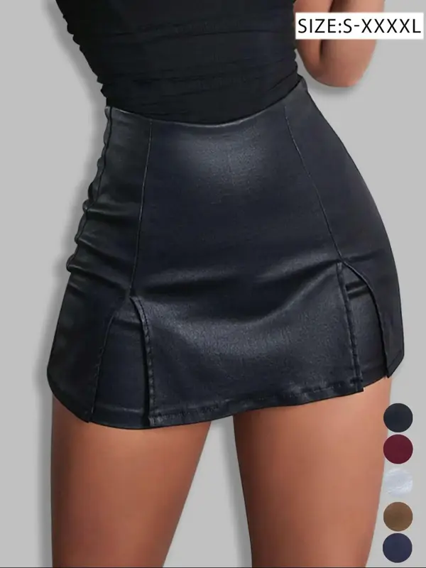 Women's Split Hem High Waist Skinny PU Shorts, Stretchy Zip Back Faux Leather Skort for Holiday Club Daily Wear, Lady Bottoms...