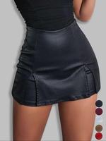 Women's Split Hem High Waist Skinny Pu Shorts, Casual Fitted Stretchy Zip Back Faux Leather Skort for Holiday Club Daily Wear...