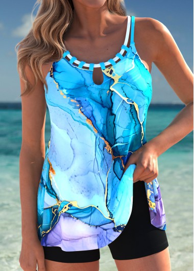 Modlily Tummy Coverage Graffiti Print Sky Blue Tankini Top - M