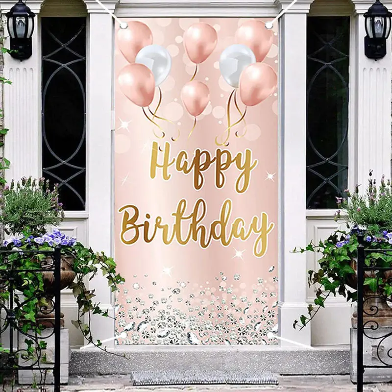 Rose Gold Balloons Diamond Girls Birthday Door Cover - Aperturee