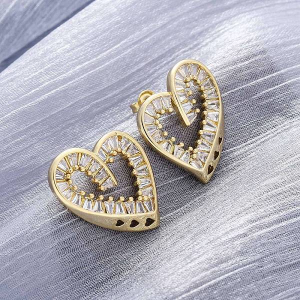 Heart Brass Micro Pave Clear Cubic Zirconia Stud Earrings
