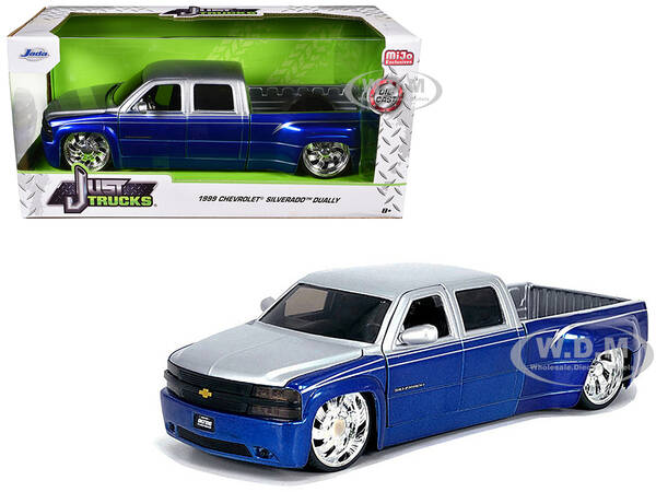 1999 Chevrolet Silverado Dually Pickup Truck Blue Metallic and Silver with Custom KMC Wheels Just Trucks Series 1/24 Diecast ...