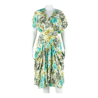 Womens A-Line Dress White Viscose 90s Floral Short Sleeve Midi S