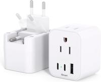 [2-Pack] European Travel Plug Adapter, Foldable International Plug Adapter with 2 AC Outlets 3 USB Ports(2 USB C), Type C Tra...