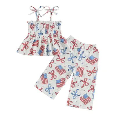 Kids Girls 4th of July Outfit Stars/Popsicle Print Sleeveless Pleated Camisole with Pants Independence Day Clothing