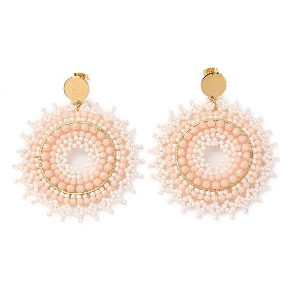 Woven Glass & Brass Beaded Sun Dangle Stud Earrings with PVD Vacuum Plating 304 Stainless Steel Pins