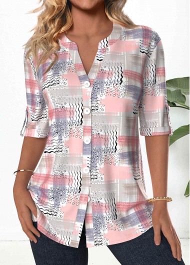 Modlily Light Pink Button Geometric Print 3/4 Sleeve Blouse - XXL