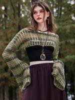 Women's Hollow Out Crop Sweater, Casual Bell Sleeve Boat Neck Jumper for Daily Wear, Ladies Knitwear for All Seasons