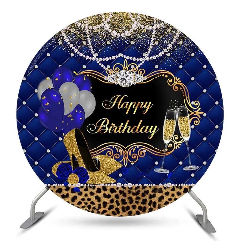 Aperturee Pearl Leopard Heel Blue Gold Birthday Round Backdrop | Circle Party Backdrop | Circle Background For Party | Circle...
