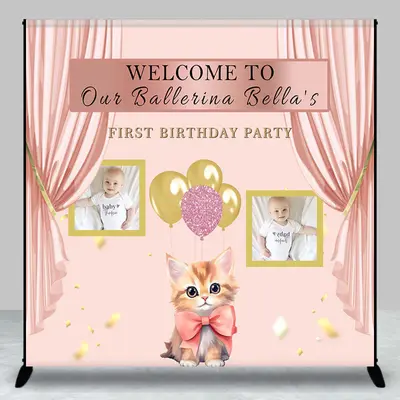 Charming Pink Curtain Cat Custom First Birthday Backdrop - Aperturee