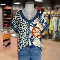 Cherrybetty Vintage Floral Print V-Neck Leopard T-Shirt Blue Fashion Womenswear Clothes Top vintage graphic tees casual outfi...
