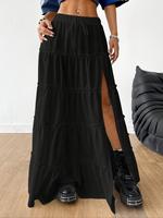 Women's Plain Tiered Layer Split Hem Skirt, Casual Minimalist Fashion Long Skirt for Daily Wear, Ladies Bottoms for Summer, W...