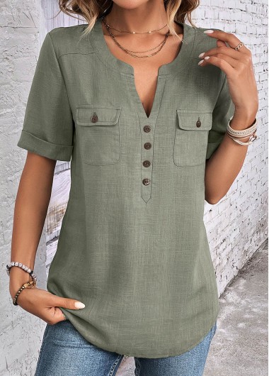 Modlily Sage Green Button Short Sleeve Split Neck Blouse - XL