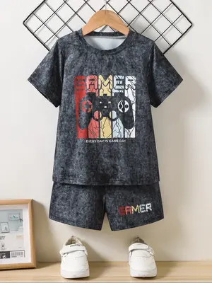 Two-Piece Set Toddler Boy's Game Console Print Short Sleeve Tee & Elastic Waist Shorts, Casual Round Neck T-shirt & Shorts fo...