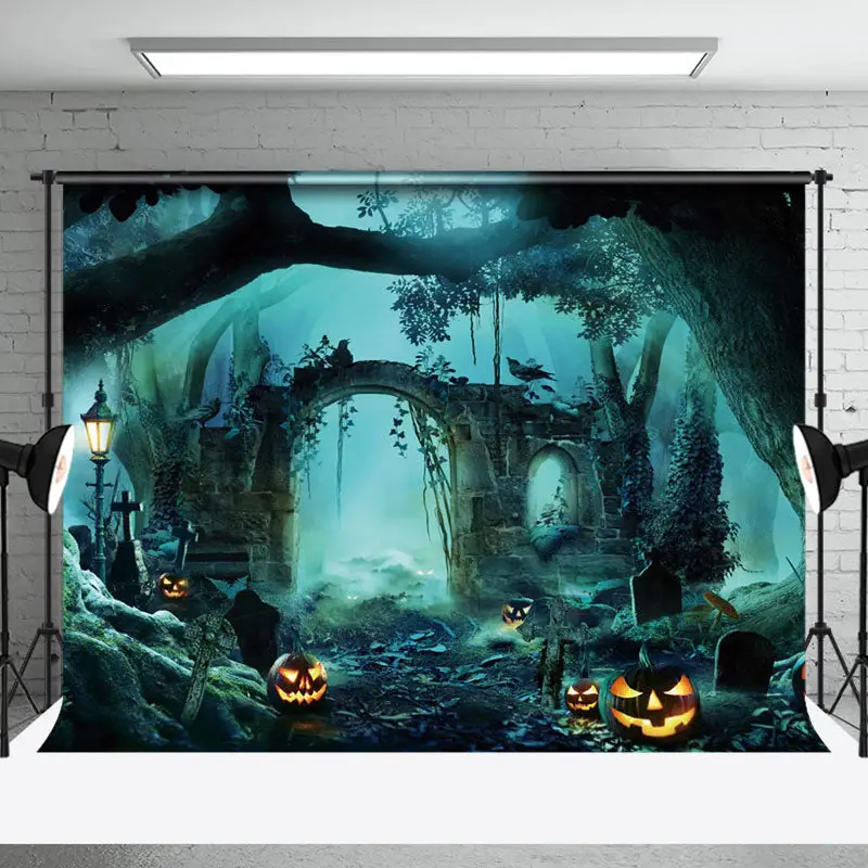 Aperturee Ruined Grave Forest Pumpkin Mist Halloween Backdrop - Aperturee