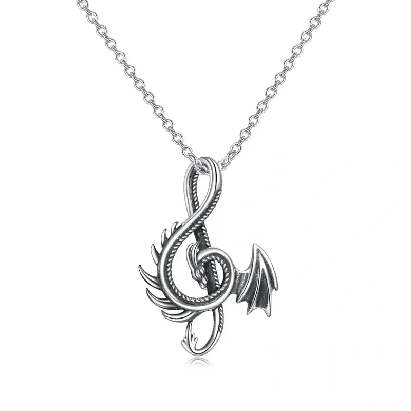Sterling Silver Oxidized Dragon & Musical Note Pendant Necklace