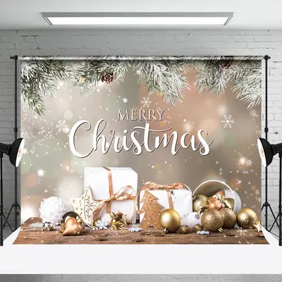 Aperturee Pine Leaves Gifts Bells Bokeh Christmas Backdrop - Aperturee