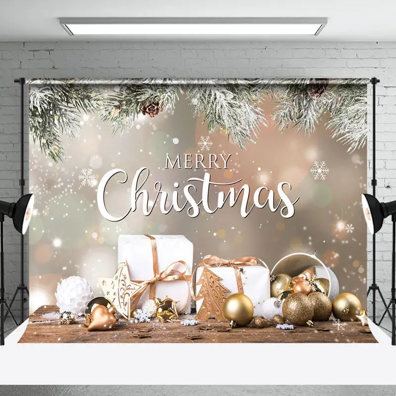 Aperturee Pine Leaves Gifts Bells Bokeh Christmas Backdrop - Aperturee