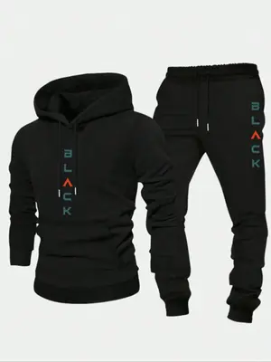 Men's Letter Print Hoodie & Sweatpants Sports Sweat Suit Set, Casual Hooded Sweatshirt & Jogger Pants for Fall & Winter, Me...