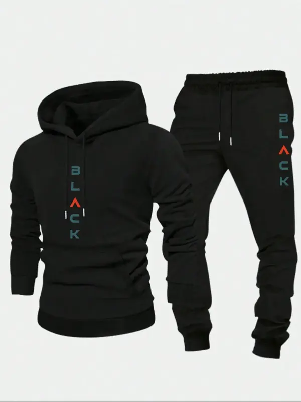 Men's Letter Print Hoodie & Sweatpants Sports Sweat Suit Set, Casual   Hooded Sweatshirt & Jogger Pants for Fall & Winter, Me...