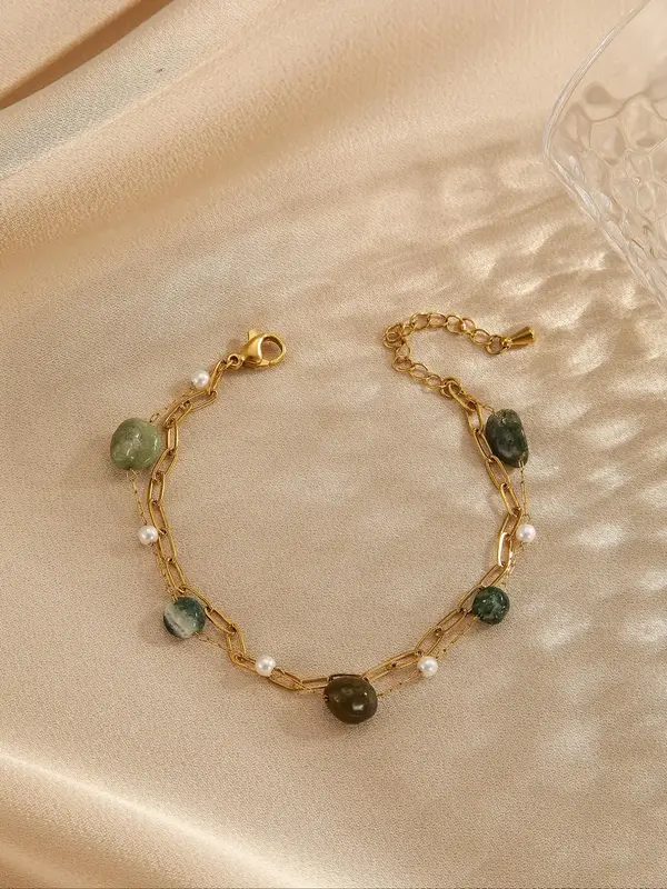 Elegant Stone & Faux Pearl Decorated Bracelet, Adjustable Strap Design Bracelet for Women & Men, Fashion Jewlery Accessories ...