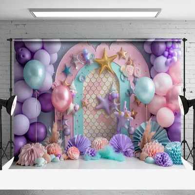 Aperturee Purple Arch Balloon Mermaid Cake Smash Backdrop, 3X2FT(1MX0.6M), 14 USD, birthday cake smash backdrops, NYHD2I19-M