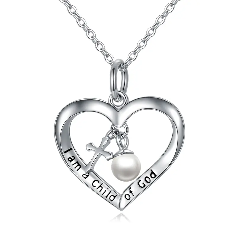 Sterling Silver Circular Shaped Pearl Cross & Heart Metal Choker Necklace with Engraved Word