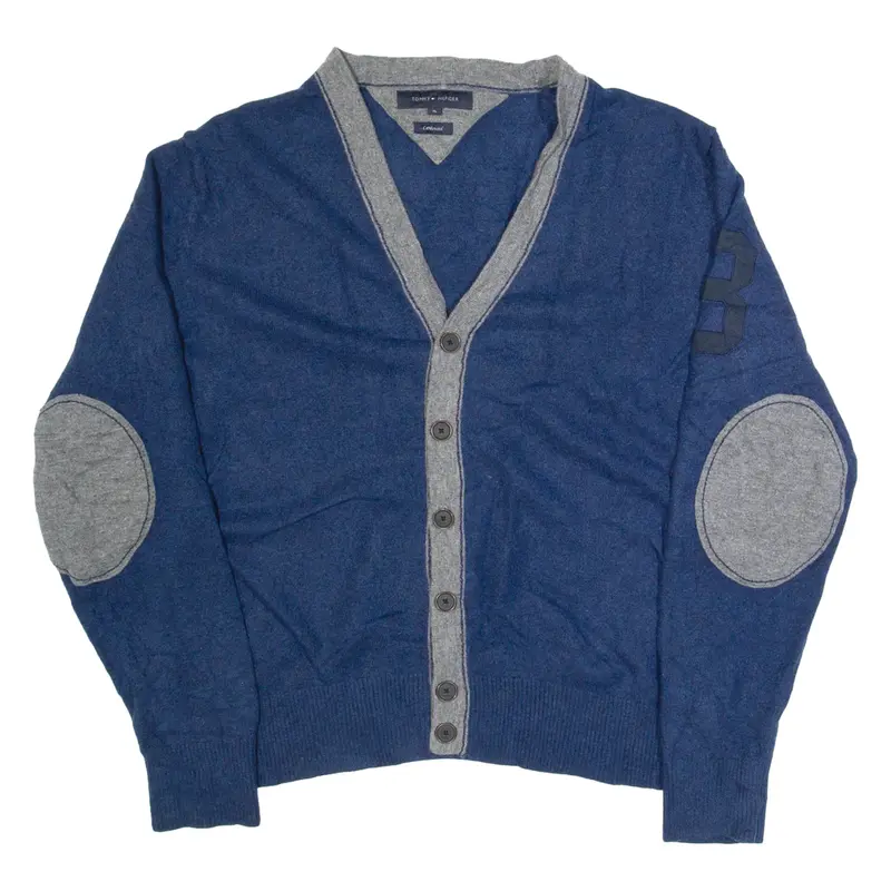 TOMMY HILFIGER Mens Cardigan Blue V-Neck Tight Knit Wool XL
