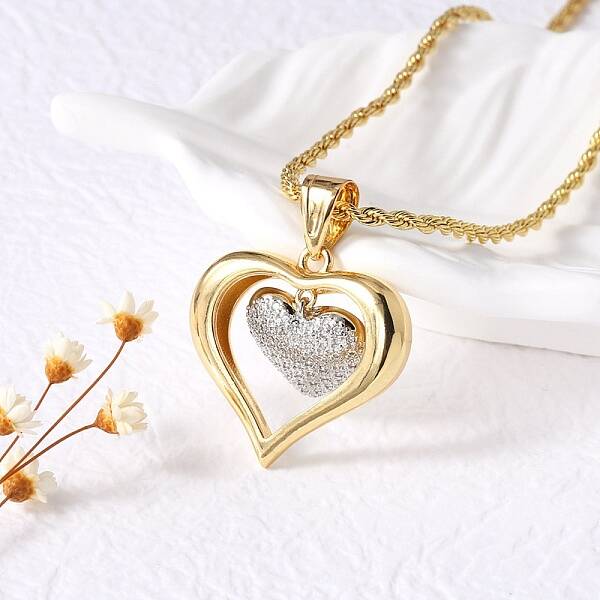 Heart Brass Micro Pave Clear Cubic Zirconia Pendant Necklaces for Women