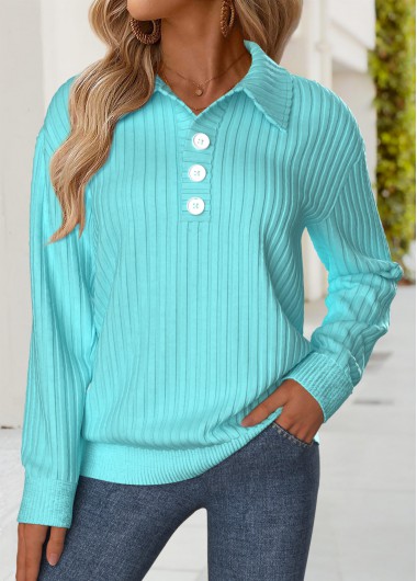 Modlily Cyan Tummy Coverage Long Sleeve Turn Down Collar Sweatshirt - L