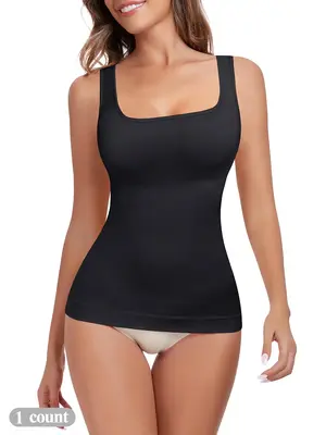 Women's Tummy Control Shapewear Tank Tops, Seamless Square Neck Compression Tops, Slimming Body Shapewear, Solid Backless Sha...