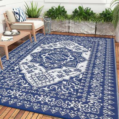 Garvee Outdoor Navy Blue & White 10x14 Rug Waterproof Reversible Vintage Medallion Plastic Straw Weather-Resistant UV-Protect...