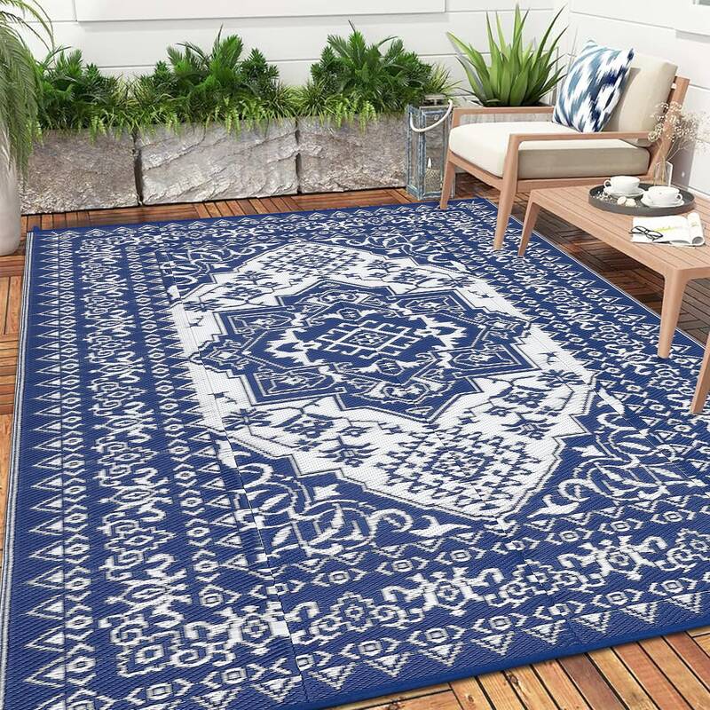 Garvee Outdoor Navy Blue & White 10x14 Rug Waterproof Reversible Vintage Medallion Plastic Straw Weather-Resistant UV-Protect...