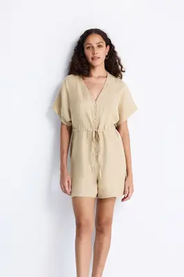 V neck Drawstring Romper in Neutral Beige | Color: Neutral Beige | Size: S