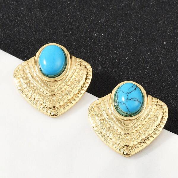 Fan 304 Stainless Steel Synthetic Turquoise Stud Earrings for Women