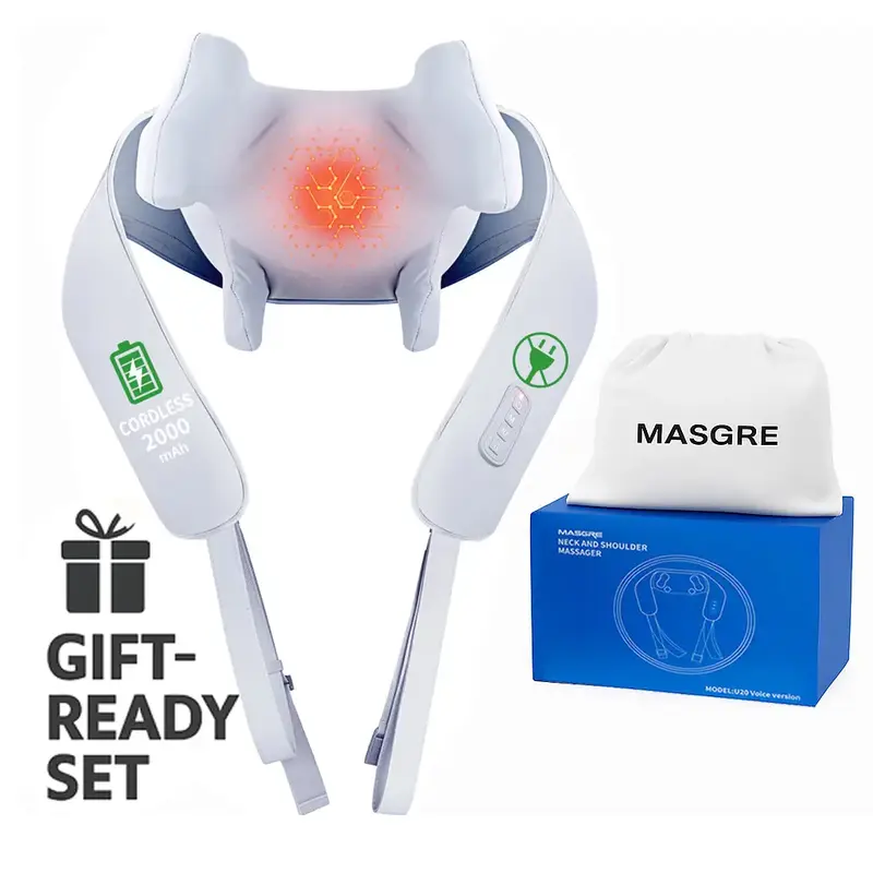 MASGRE Cordless Neck and Shoulder Massager with Heat – 6D Deep Kneading Electric Massage Pillow for Neck, Back, Legs, and F...