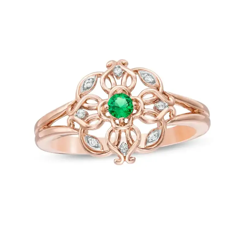 10K Rose Gold Round Cut Emerald & Marquise Cut Diamond Accent Filigree Clover Split Shank Engagement Band