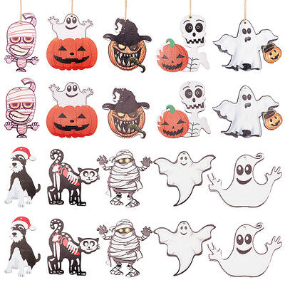 CHGCRAFT 20Pcs 10 Style Halloween Wood Ornaments Pumpkin Ghost Skull Cat Dog Mummy Wood Ornaments for Halloween Party Decorat...
