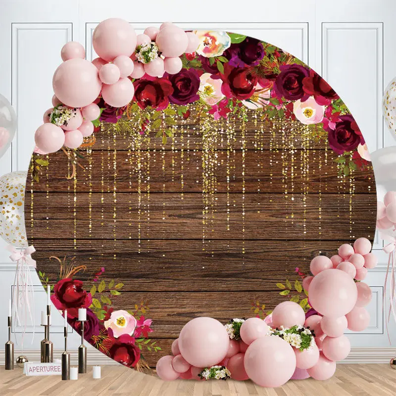 Aperturee Dark Red Rose Glitter Brown Round Wood Birthday Backdrop