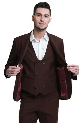 Men's Slim Fit Wedding Suit - Double Breasted Brown Vest with Peak Lapel