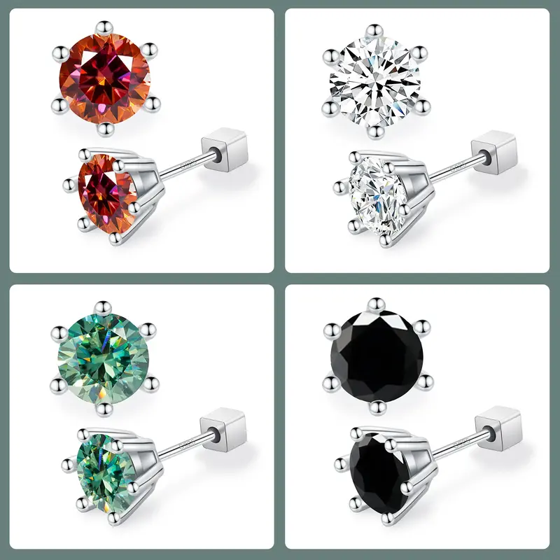 【#23】Classic Six-prong 0.5-1ct Synthetic Moissanite Stud Earrings, Plum blossom Cut Color Moissanite Earrings for Women w...