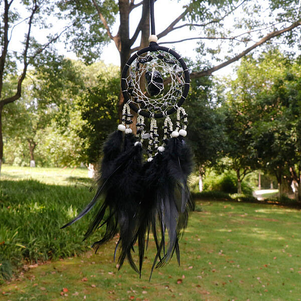 Natural Tourmaline Woven Web/Net with Feather Pendant Decorations