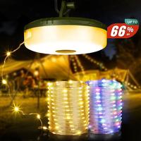 Fathersdaygift ！！ Camping String Lights, 4 in 1 Quick Storage32.8FT Rechargeable Retractable String Lights with & 8 Light...