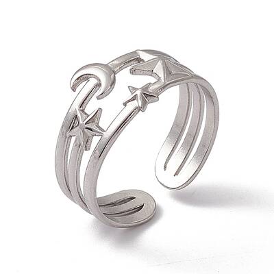 Non-Tarnish 304 Stainless Steel Star & Moon Open Cuff Ring for Women