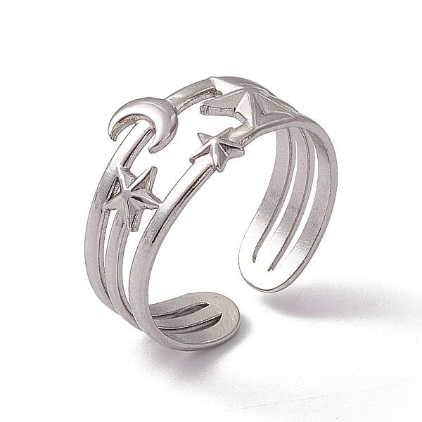 Non-Tarnish 304 Stainless Steel Star & Moon Open Cuff Ring for Women