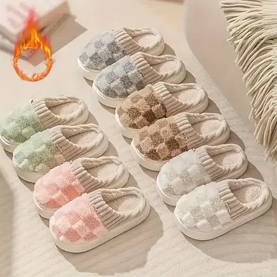 Checkered Fluffy Warm Home Slippers Plush Cotton Slippers For Women Winter Closed Toe Soft Sole House Shoes Cozy Bedroom Slip...